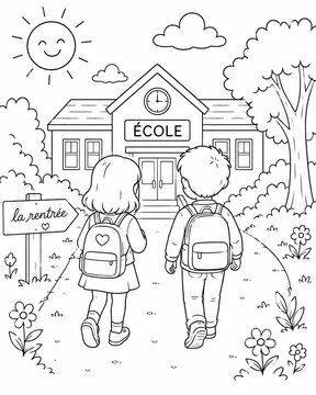 Cute black and white coloring page of two children walking to school, perfect for back to school educational and printable activities