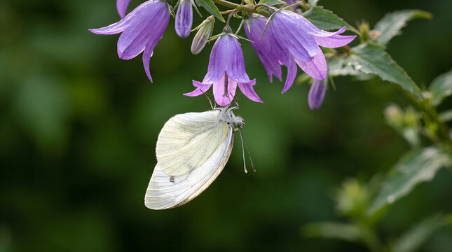 Small white butterfly perched on purple campanula bellflower blossoms in natural garden macro