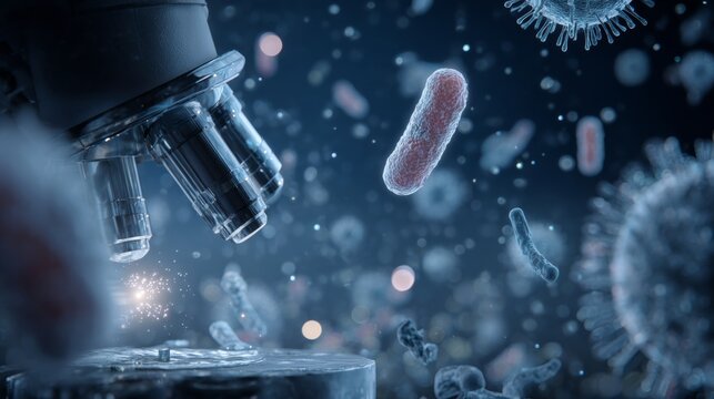 Exploring biotechnology: the intersection of chemistry and genomics. Viral contamination. Scientific exploration: drugs, laboratory tools, and dna in a blue hue. Virus spread.
