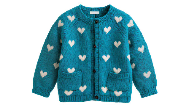 Isolated knitted teal cardigan featuring white heart patterns, raglan sleeves, and front pockets.