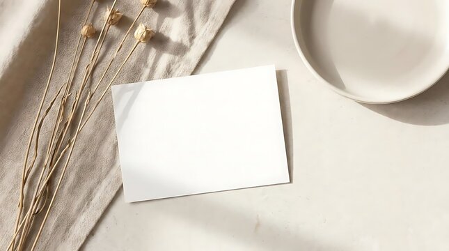 A minimal aesthetic 4x6 postcard mockup featuring dried flowers and a ceramic dish on a neutral stone table for professional stationery branding design