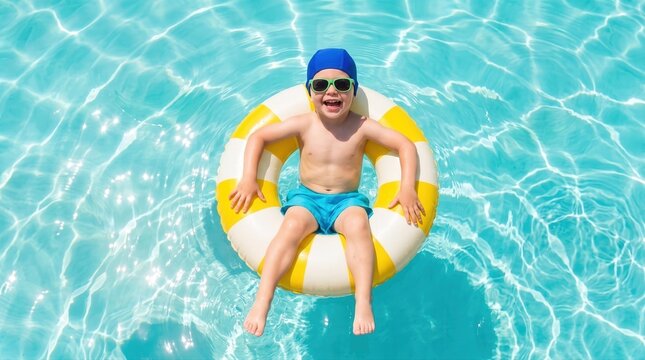 A cheerful young boy smiles broadly, floating safely on a swim ring in a bright blue swimming pool. This captures joyful childhood leisure and vibrant summer vacation moments.