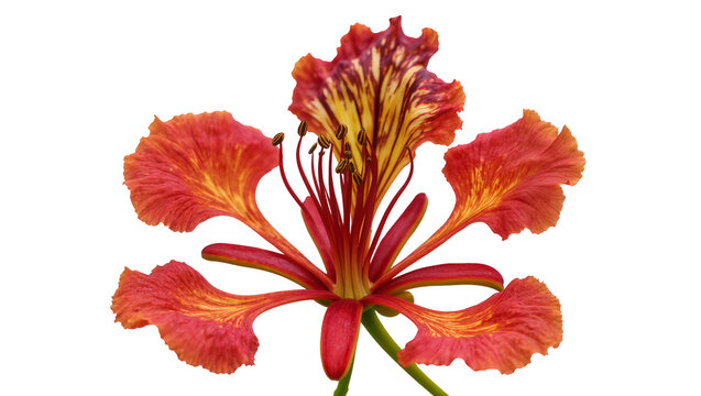 Isolated Gulmohar flower vibrant red-orange petals and a uniquely patterned standard petal