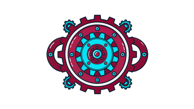 Isolated industrial-themed complex gear assembly with intricate cogs and vibrant colors