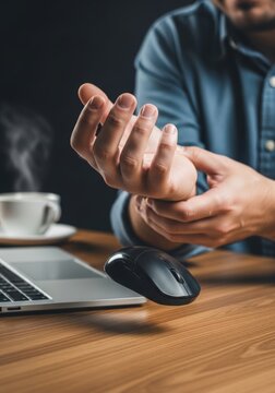 Man holding his painful wrist while working at computer desk. Office worker suffering from carpal tunnel syndrome or repetitive strain injury. Health problem and ergonomic issue.
