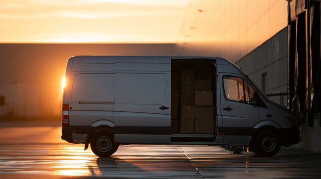 Commercial Van with Open Doors at Sunset
