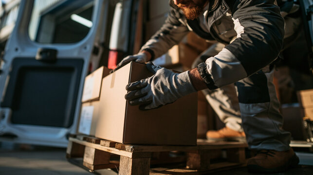Delivery Workers Loading Cardboard Boxes Into Van