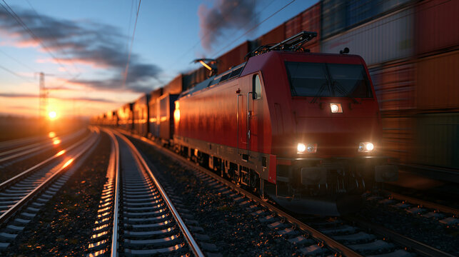 Red Electric Train Moving Along Railway at Sunset