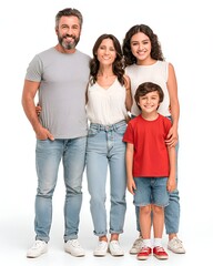Fototapeta premium A happy family of four standing together and smiling cheerfully on a clean white studio background