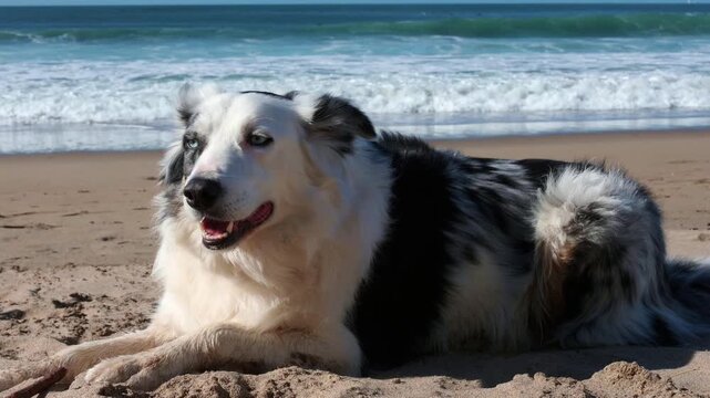 Adorable blue merle border collie with different colored eyes resting on the sand. The happy purebred pet enjoys the summer sun with the ocean waves in the background
