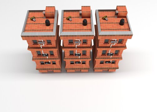 Representaci&oacute;n en modelado 3D desde una perspectiva cenital superior de tres edificios habitacionales o multifamiliares id&eacute;nticos de ladrillo terracota. Cuentan con detalles en la azotea como tinacos 