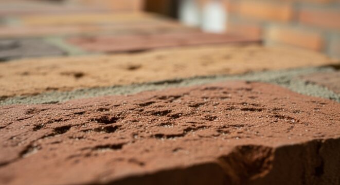 Closeup of porous texture of reclaimed bricks after gentle sandblasting to enhance adhesion in building restoration.