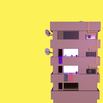 Representaci&oacute;n en modelado 3D de un edificio de apartamentos de estilo brutalista y minimalista en color rosa pastel, aislado sobre un fondo amarillo vibrante. Cuenta con detalles como antenas satelit