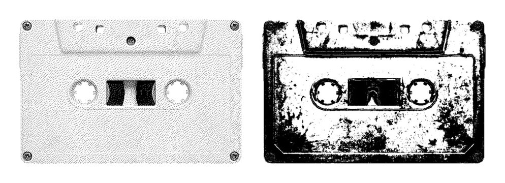 Black and white vector graphic illustrations of vintage audio cassette tapes contrasting clean stippling with distressed grunge textures.
