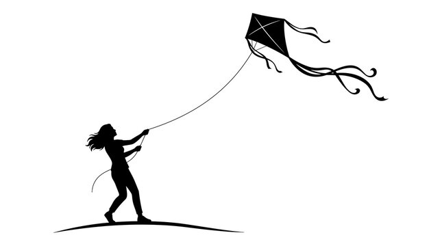 Silhouette of a girl flying a kite on a white background