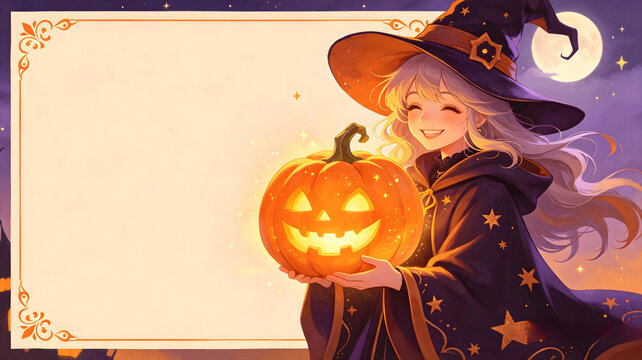 Cute witch holding a glowing jack-o'-lantern with a decorative vintage frame for Halloween
