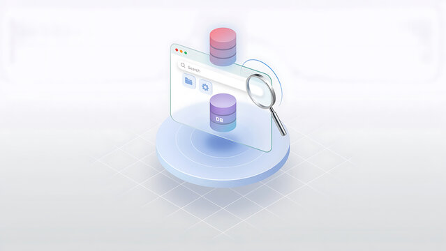 Isometric 3d web interface with a search bar, database cylinders, and magnifying glass on a circular platform, data analysis and storage concept