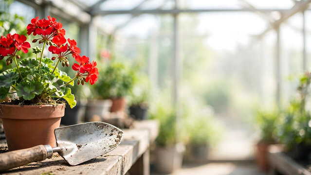 Gardening tools and vibrant red geranium flowers in pots on a rustic wooden workbench inside a sunny greenhouse
