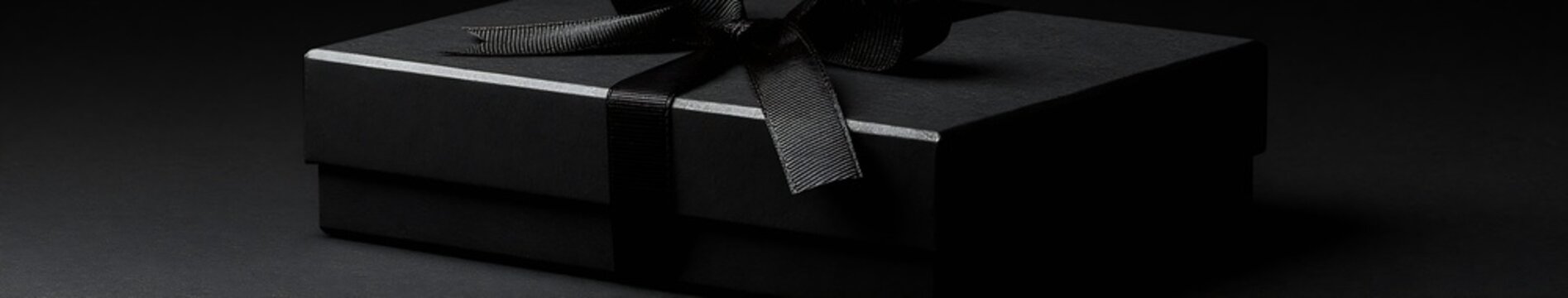 Black Friday Matte black gift box with black ribbon bow on dark textured background, minimal luxury product banner