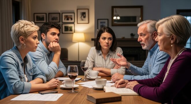 Adult children and parent sitting at table during serious family discussion. Group of woman and man having difficult conversation at home. Domestic conflict and communication concept.