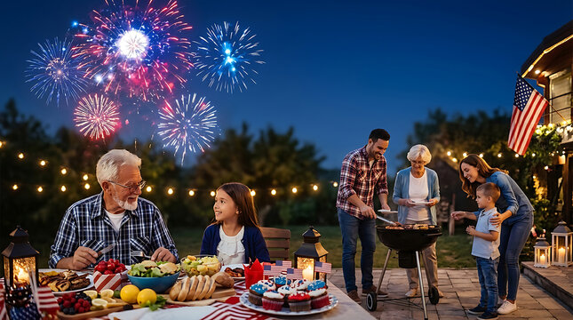 A multigenerational family celebrating Independence Day with bright fireworks and a family BBQ at a festive 4th of July backyard party
