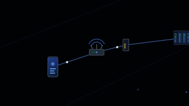 Flat design animation of a global digital network showing data transmission from a mobile smartphone through routers cell towers and server racks depicting internet connectivity and telecommunications