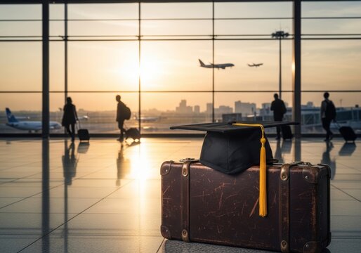 Graduation cap on vintage suitcase in airport terminal. Student preparing for travel after university completion. Concept of international education, academic success and distant study.