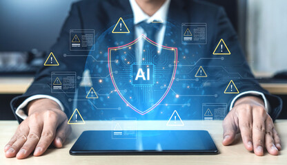 Fototapeta premium AI cybersecurity safeguards systems with encryption, access control, and AI secure data flow. Futuristic cyber security featuring AI digital shield, zero trust and AI threat detection system. Corpus