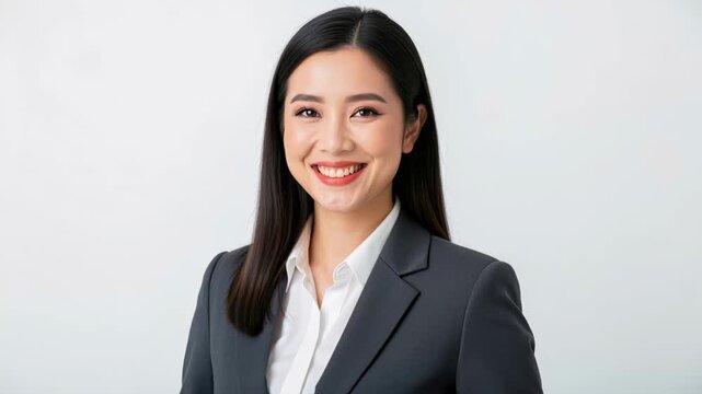Confident Professional Woman: A beautiful Asian businesswoman with a warm smile, wearing a sharp dark suit and white shirt, stands confidently against a light backdrop.