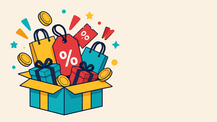 Fototapeta premium Bright box bursts with shopping excitement. Colorful bags and coins float with joy. Percent signs hint at savings and deals. Perfect for sale, discount, or festive promotions. Ideal for online stores