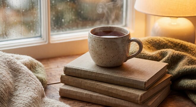 Steaming cup of tea on stack of vintage books near window. Cozy winter morning atmosphere for post holiday wellness and relaxation concept. Home lifestyle reading for mental refresh.
