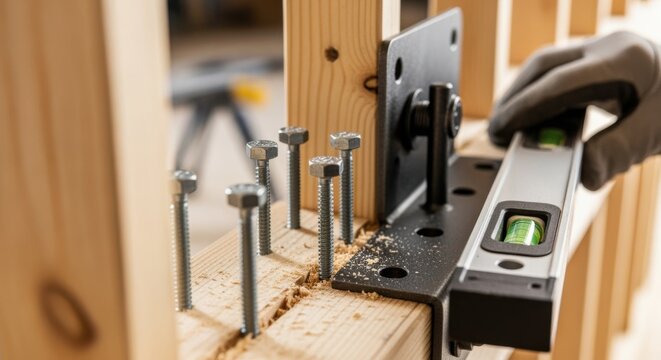 Closeup on mounting screws partially driven into wall studs as installer ensures barndoor hardware is perfectly leveled for smooth operation.