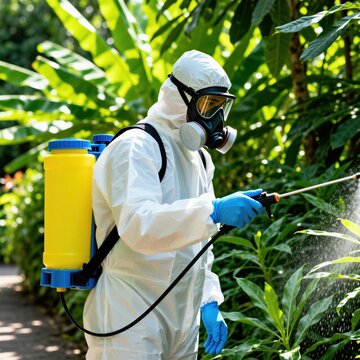 Pest control worker in full protective suit sprays plants with insecticide. Pro technician uses sprayer to combat insects and protect garden area. Safe chemical application for healthy green plants.