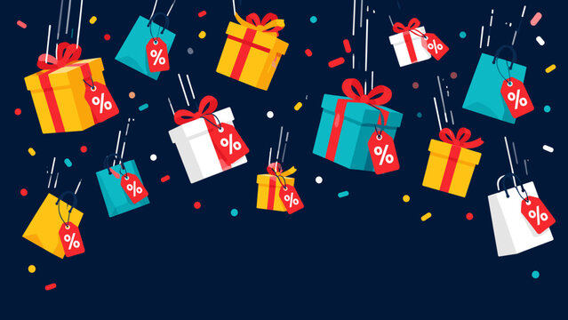 Colorful gifts float above dark blue background. Red ribbons and price tags show sales excitement. Confetti adds joy to shopping celebration. Perfect for holiday promotions or discount campaigns