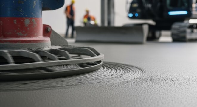 Detailed shot of vibrating concrete screed smoothing carboncapturing concrete pour during a zeroemission building foundation phase.
