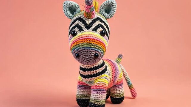 Crocheted Rainbow Unicorn Zebra Toy: A whimsical and colorful crocheted toy, a unique blend of unicorn and zebra, sits against a soft pink background, radiating playful charm.