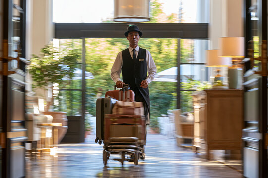 Hotel bellman wheeling luggage through a bright summer entrance