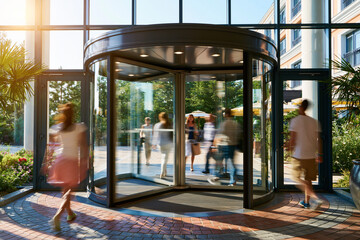 Obraz premium Hotel revolving door spinning with guests in summer light