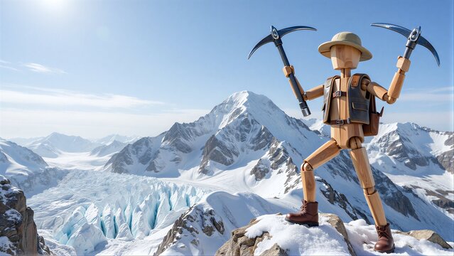 Wooden climber stands triumphantly on snowy peak, holding ice axes high.