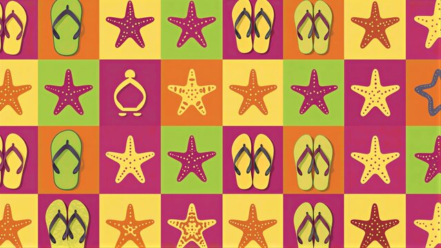 Colorful flip-flops and starfish in a vibrant, repeating pattern on a tiled background.