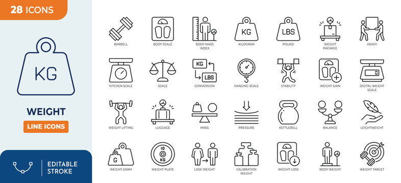 Weight line editable Icons Set. Containing weight, scale, kilogram, pound, dumble, and more. vector illustration