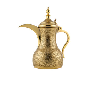 Majestic 24k gold arabian dallah, tughra-style filigree, isolated on a transparent backdrop with glossy reflection, cinematic lighting. Luxury tradition concept
