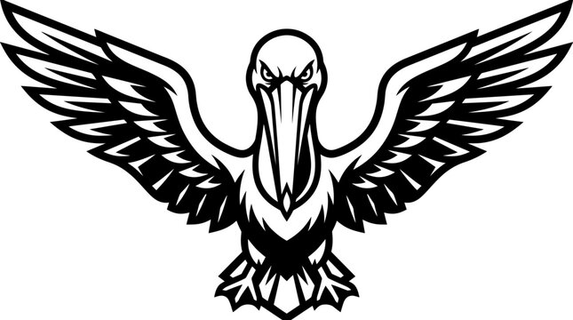 Stylized pelican bird wings outspread black and white