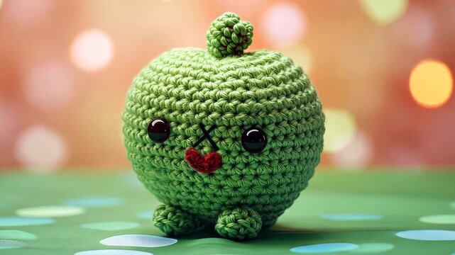 Charming Crochet Creature: A delightful, round, green crocheted creature with big, expressive eyes and tiny feet sits on a colorful, speckled surface, its tiny.