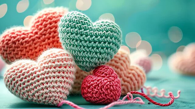 Crocheted Hearts in Soft Hues: A collection of intricately crocheted heart-shaped ornaments in delicate shades of pink, coral, and turquoise.