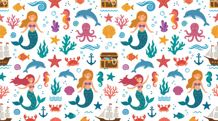 Fototapeta premium Cute Mermaid Pattern, Ocean Life, Underwater Seamless Background, Kids Art