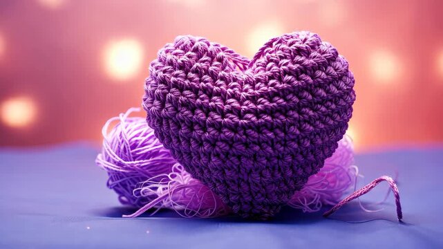 Crocheted Heart with Yarn: A soft, purple crocheted heart rests beside balls of matching yarn, set against a softly blurred background with warm bokeh lights.