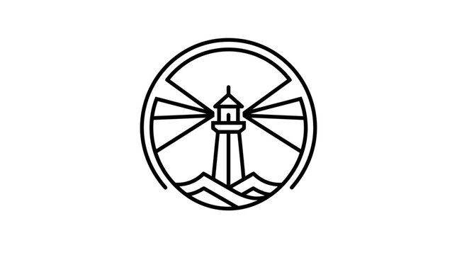 Minimalist lighthouse emblem with light beams and waves