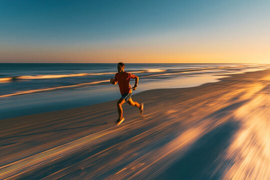 Runner sprinting along an empty summer beach at dawn