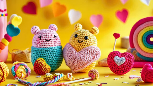 Crochet Creatures of Love: Two adorable handmade crochet bears, one holding a pink heart, are nestled amongst colorful yarn, candies, and heart decorations, exuding a sweet, crafty charm.